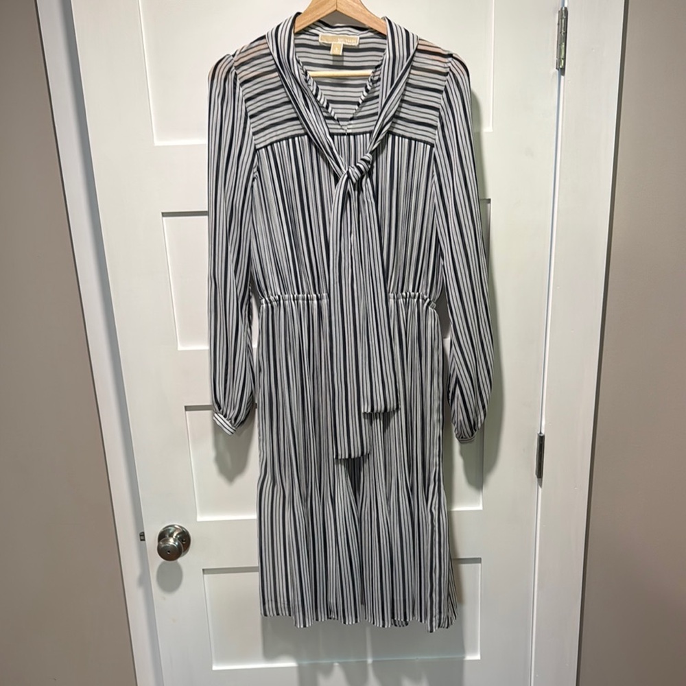Michael Kors Black and White Striped Midi Dress